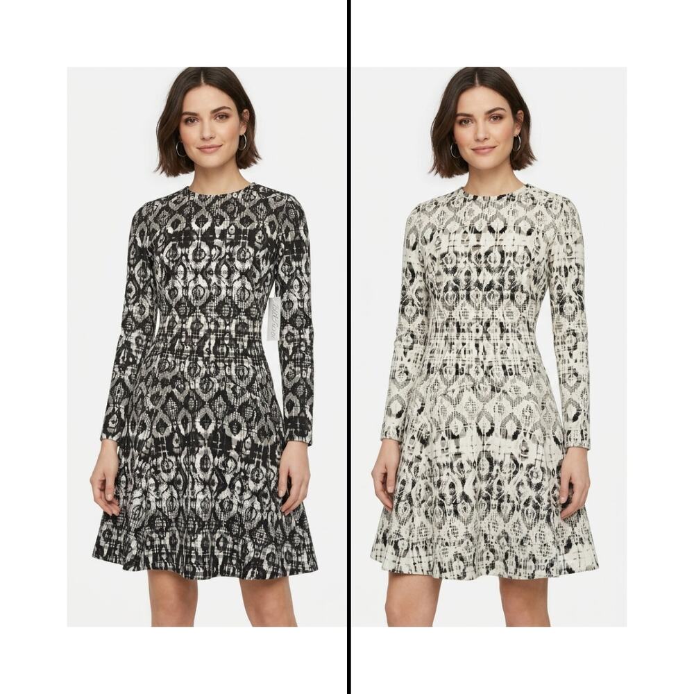 NEW LELA ROSE Long Sleeve Reversible Seamed Fit & Flare Dress Sz 10 Black Ivory